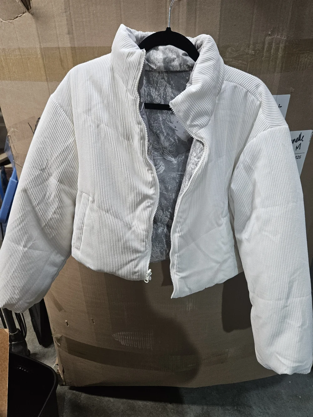 Junior's Reversible Cream Corduroy Puffer Jacket